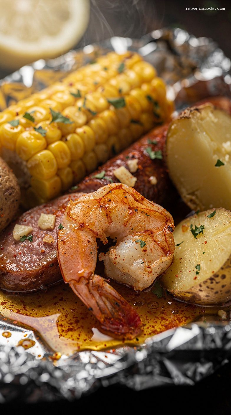 BBQ Smoked Shrimp Boil Foil Packets with Cajun Butter – Closeup