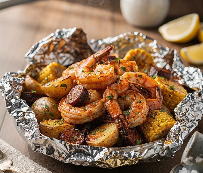 BBQ Smoked Shrimp Boil Foil Packets with Cajun Butter