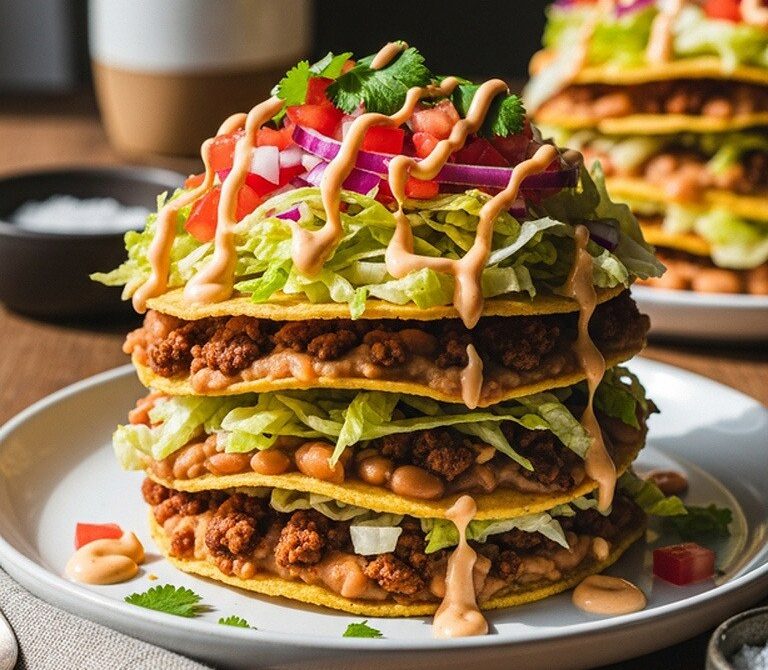 Beef and Bean Tostada Stacks with Chipotle Crema