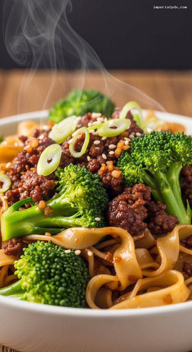 Beef and Broccoli Noodle Bowls with Soy-Ginger Sauce – Closeup