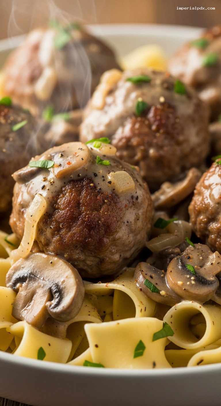 Beef and Mushroom Stroganoff Meatballs with Noodles – Closeup