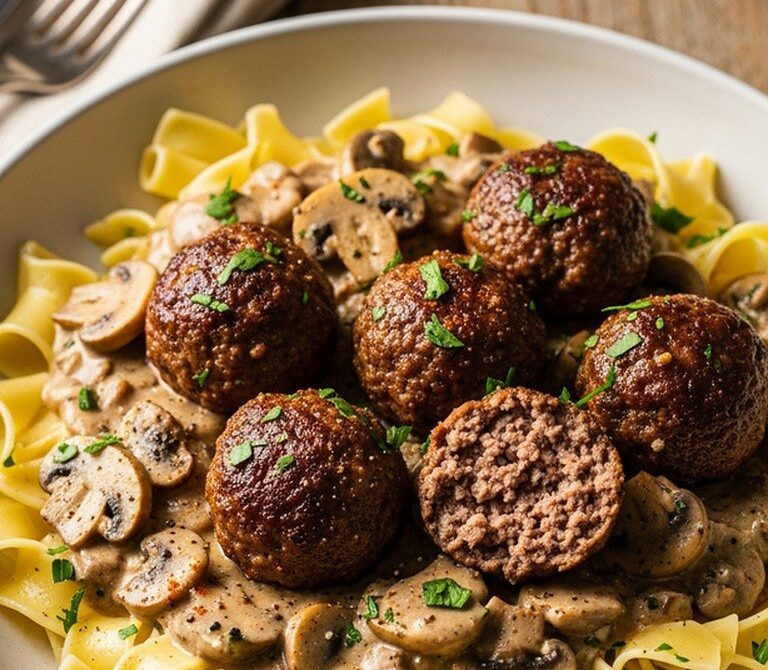 Beef and Mushroom Stroganoff Meatballs with Noodles