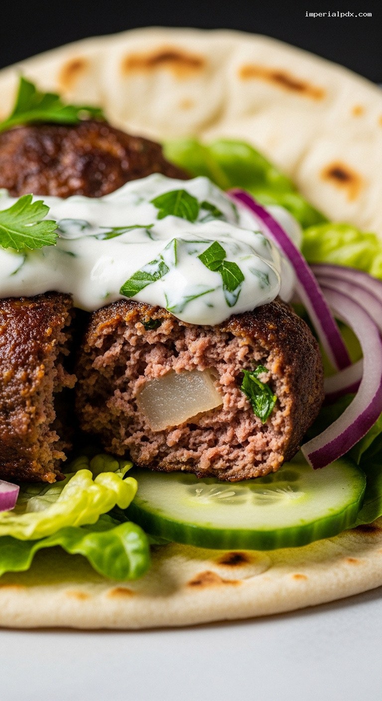 Beef and Pear Kofta Wraps with Yogurt and Herbs – Closeup