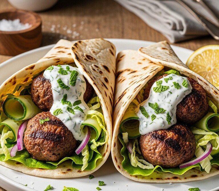 Beef and Pear Kofta Wraps with Yogurt and Herbs
