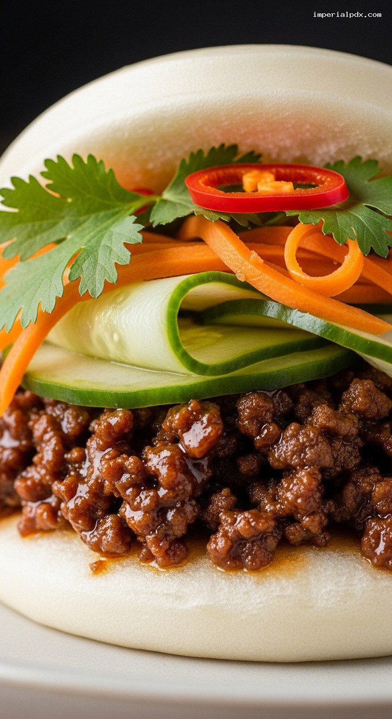 Beef Bao Buns (Soy-Ginger Ground Beef with Pickled Veggies & Cilantro) – Closeup