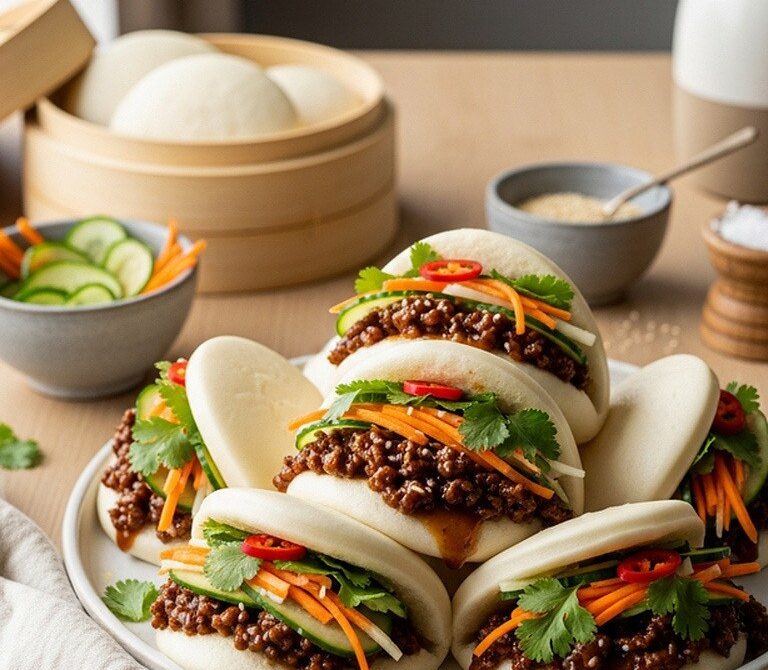 Beef Bao Buns (Soy-Ginger Ground Beef with Pickled Veggies & Cilantro)