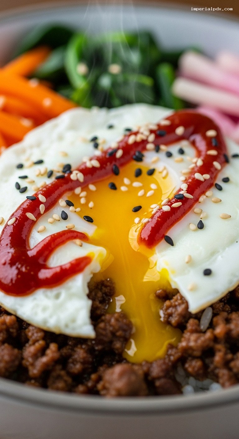 Beef Bibimbap Bowls with Gochujang and Fried Egg – Closeup