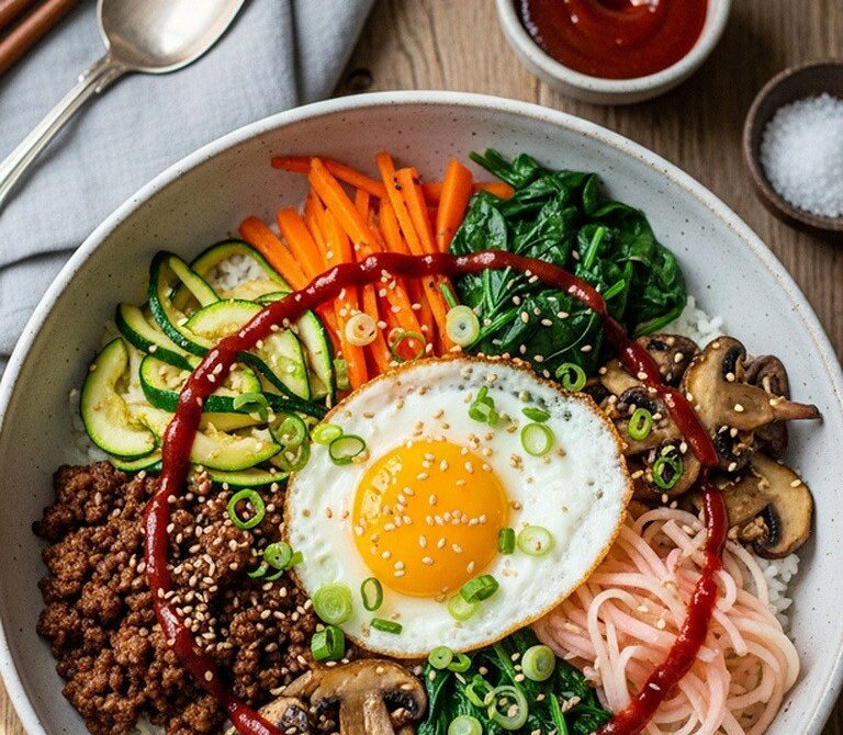 Beef Bibimbap Bowls with Gochujang and Fried Egg