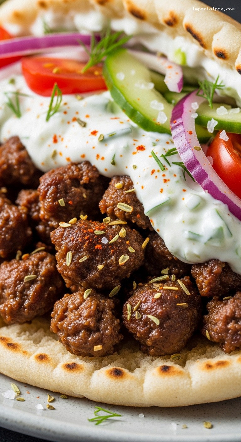 Beef Gyro Skillet with Tzatziki and Warm Pita – Closeup