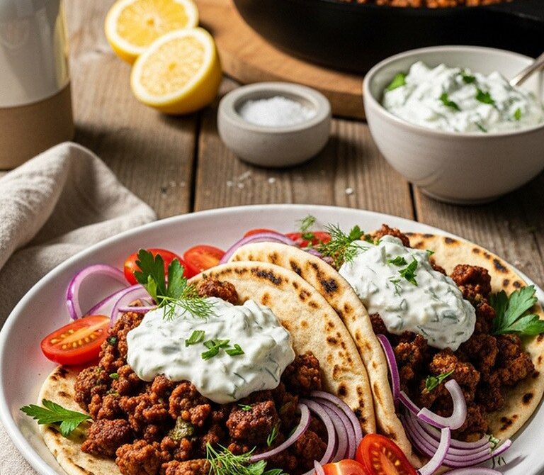 Beef Gyro Skillet with Tzatziki and Warm Pita