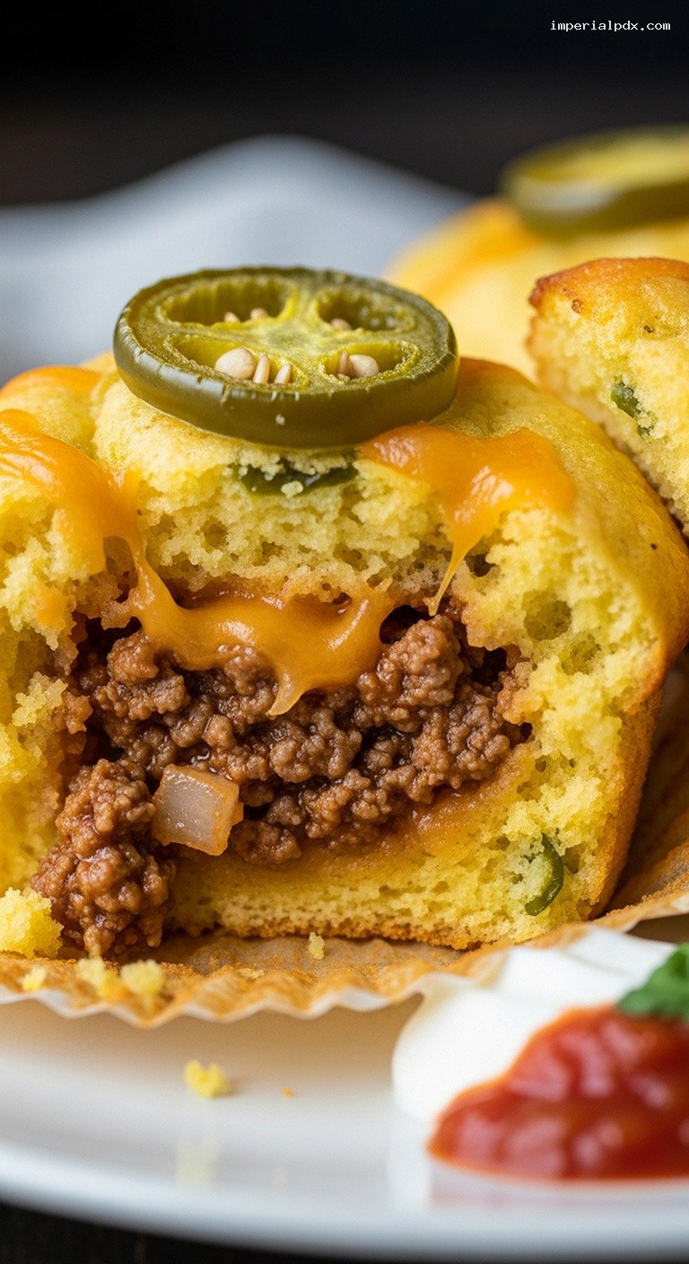 Beef Taco-Stuffed Corn Muffins with Cheddar and Jalapeño – Closeup