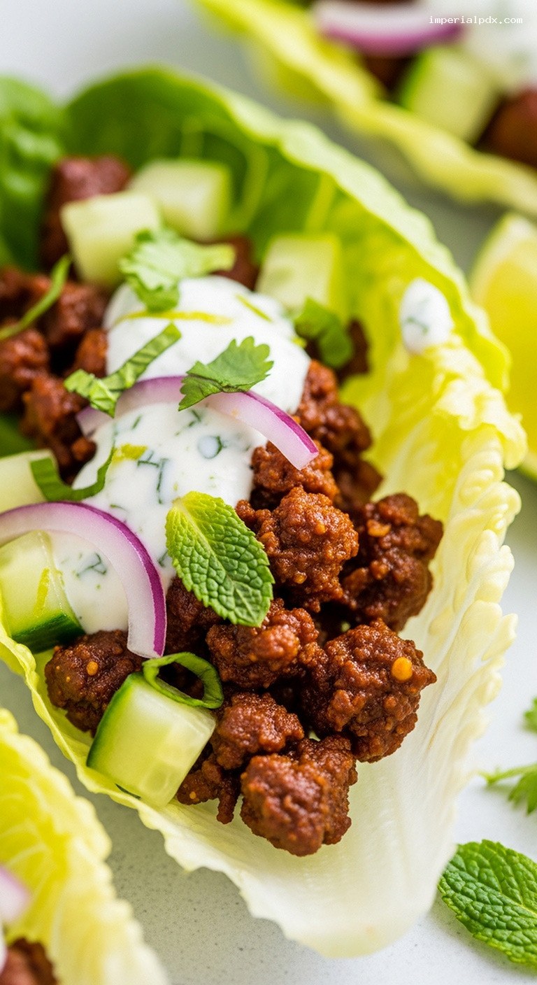 Beef Tikka Lettuce Cups with Mint and Lime Yogurt – Closeup