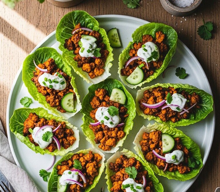 Beef Tikka Lettuce Cups with Mint and Lime Yogurt