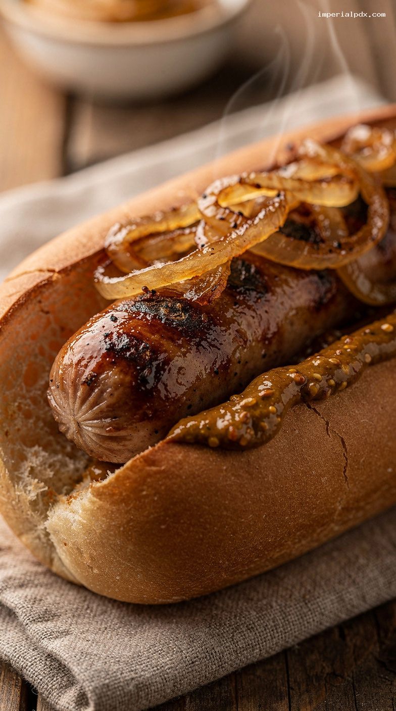 Beer-Simmered Grilled Brats With Caramelized Onions – Closeup