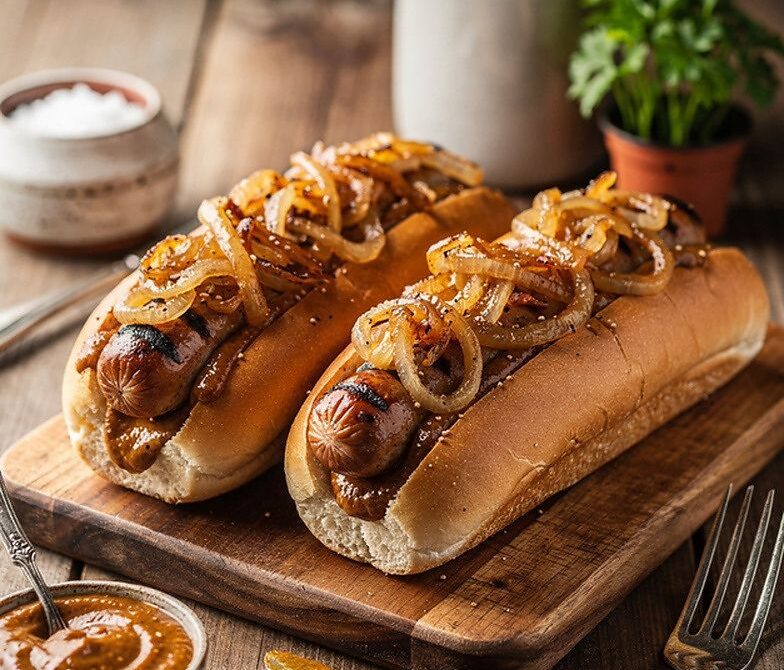 Beer-Simmered Grilled Brats With Caramelized Onions