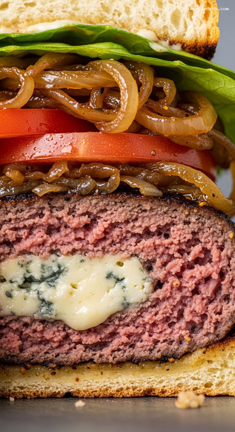 Blue Cheese Stuffed Beef Burgers with Caramelized Onions – Closeup
