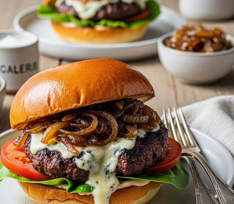Blue Cheese Stuffed Beef Burgers with Caramelized Onions