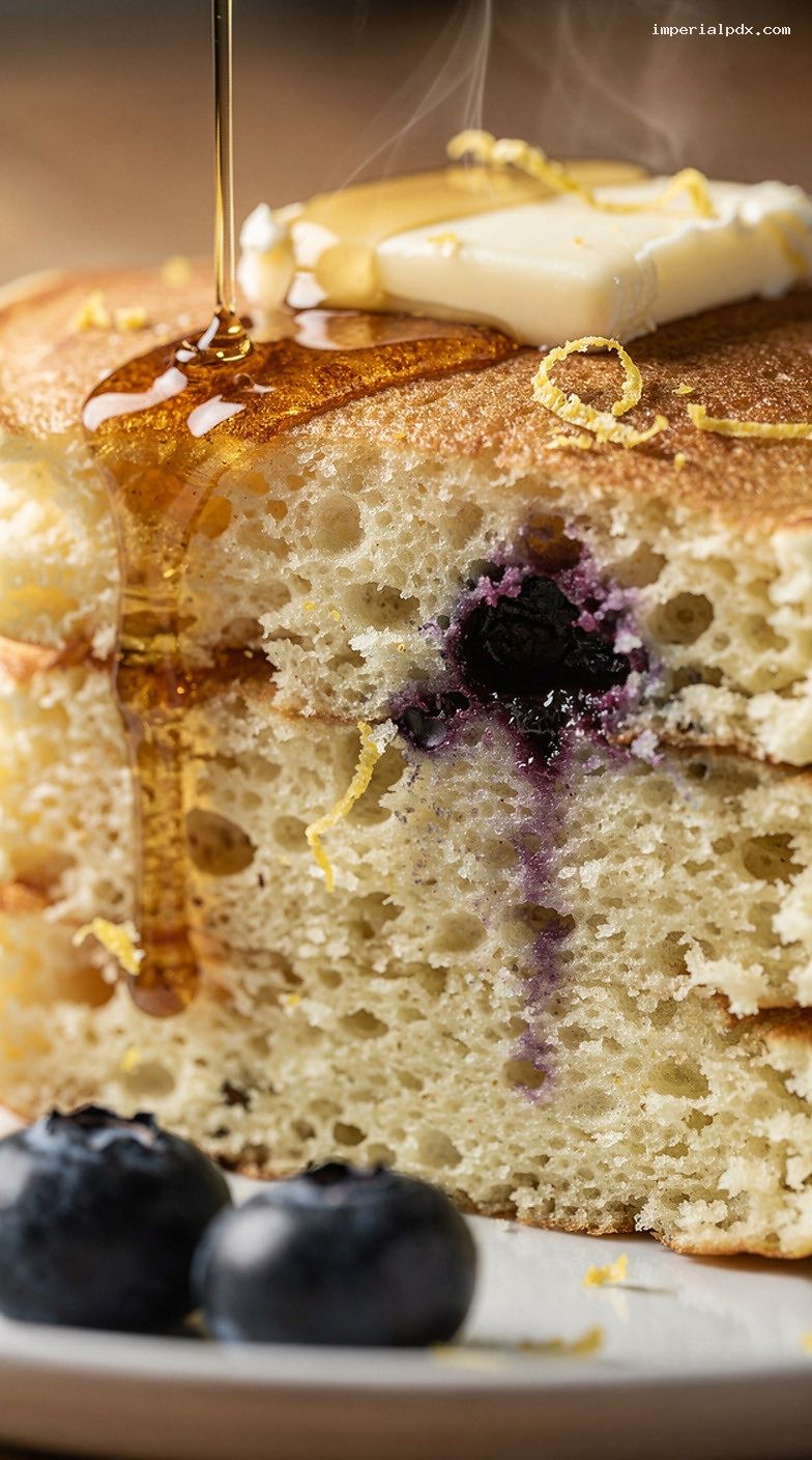 Blueberry Lemon Ricotta Pancakes With Warm Syrup Drizzle – Closeup
