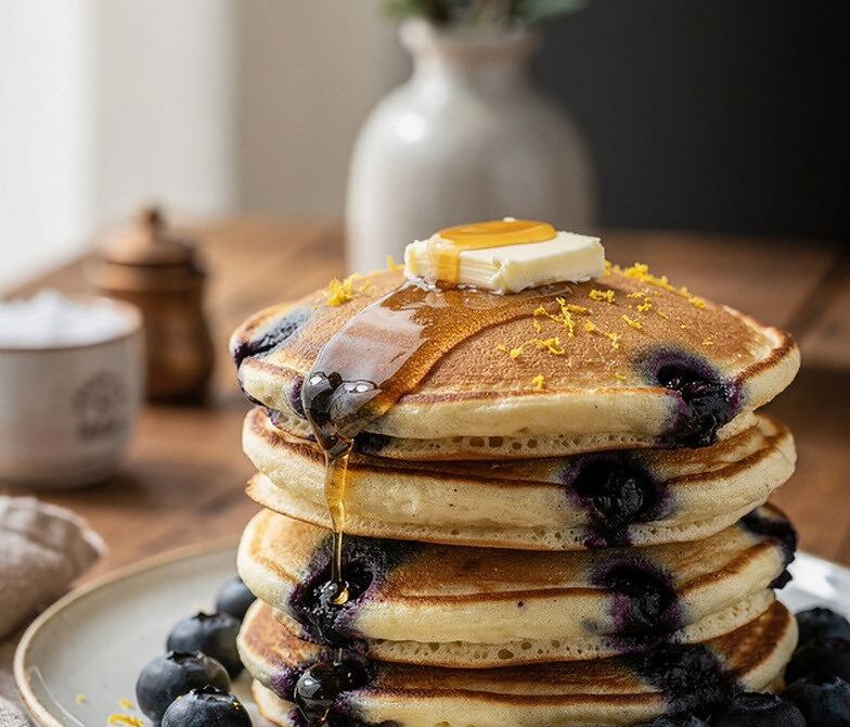 Blueberry Lemon Ricotta Pancakes With Warm Syrup Drizzle