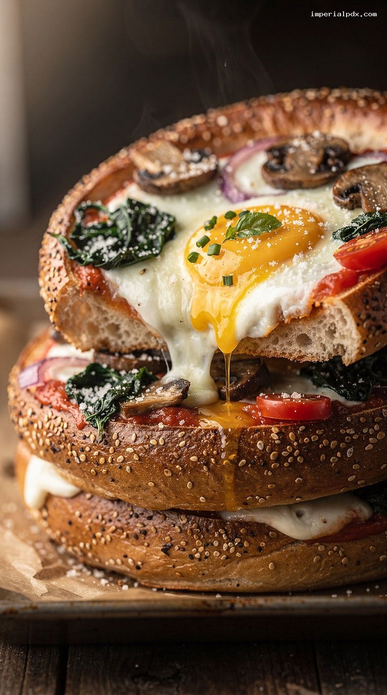 Breakfast Bagel Pizzas With Eggs, Cheese, and Veggies – Closeup