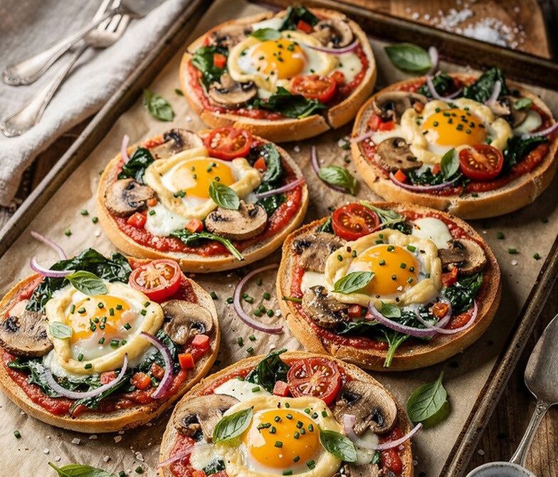 Breakfast Bagel Pizzas With Eggs, Cheese, and Veggies