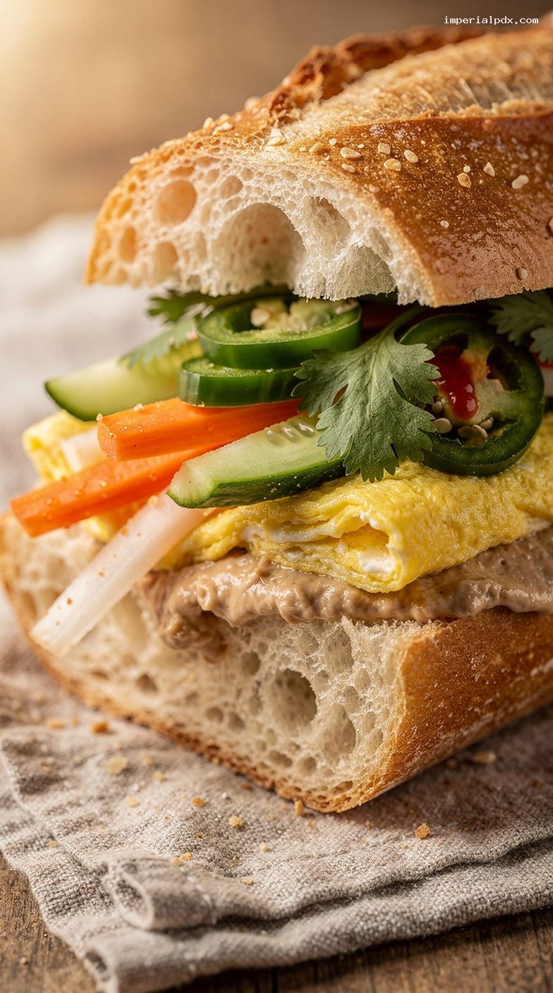 Breakfast Banh Mi With Eggs, Pâté Spread, and Quick Pickles – Closeup