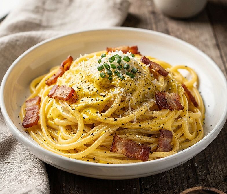 Breakfast Carbonara Pasta With Bacon, Parmesan, and Egg Yolk Sauce