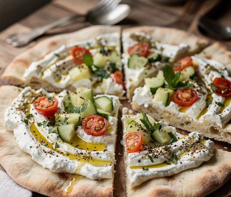 Breakfast Flatbread With Labneh, Cucumber, Tomato, and Za’atar