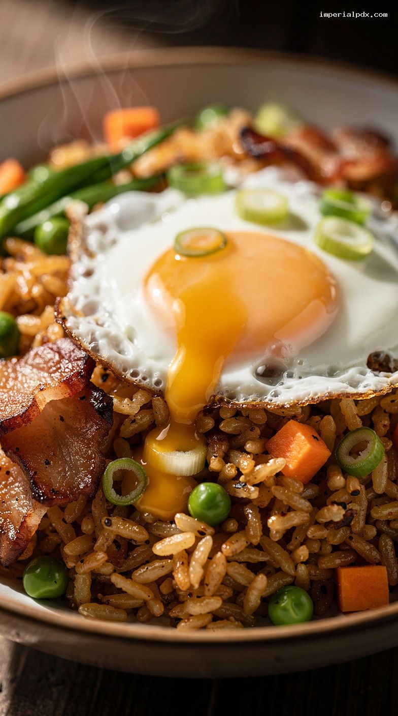 Breakfast Fried Rice With Bacon, Scallions, and Sunny Egg – Closeup