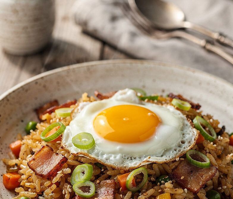 Breakfast Fried Rice With Bacon, Scallions, and Sunny Egg
