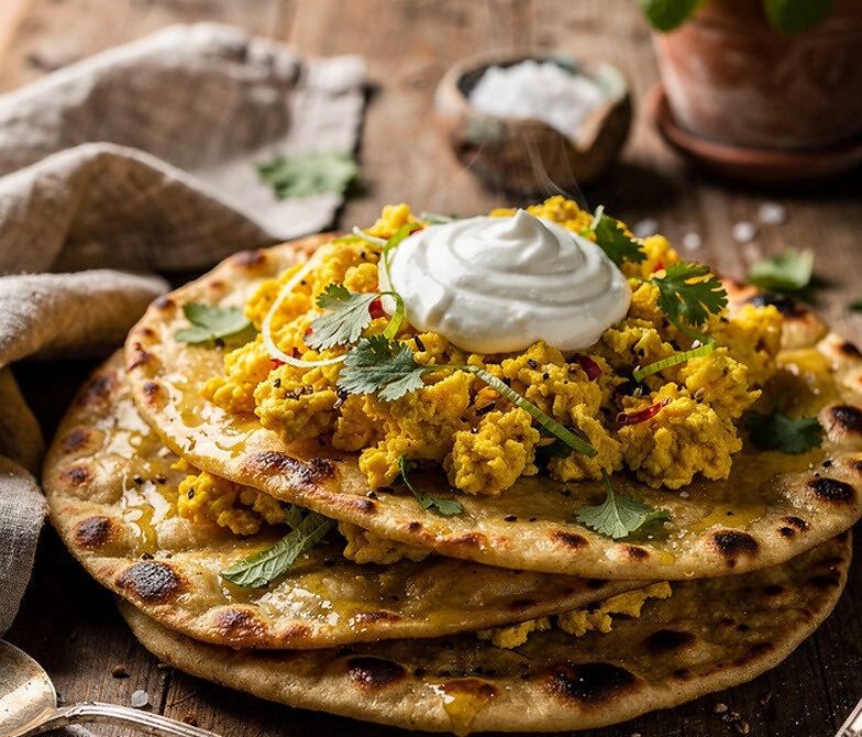 Breakfast Naan With Spiced Scrambled Eggs, Herbs, and Yogurt