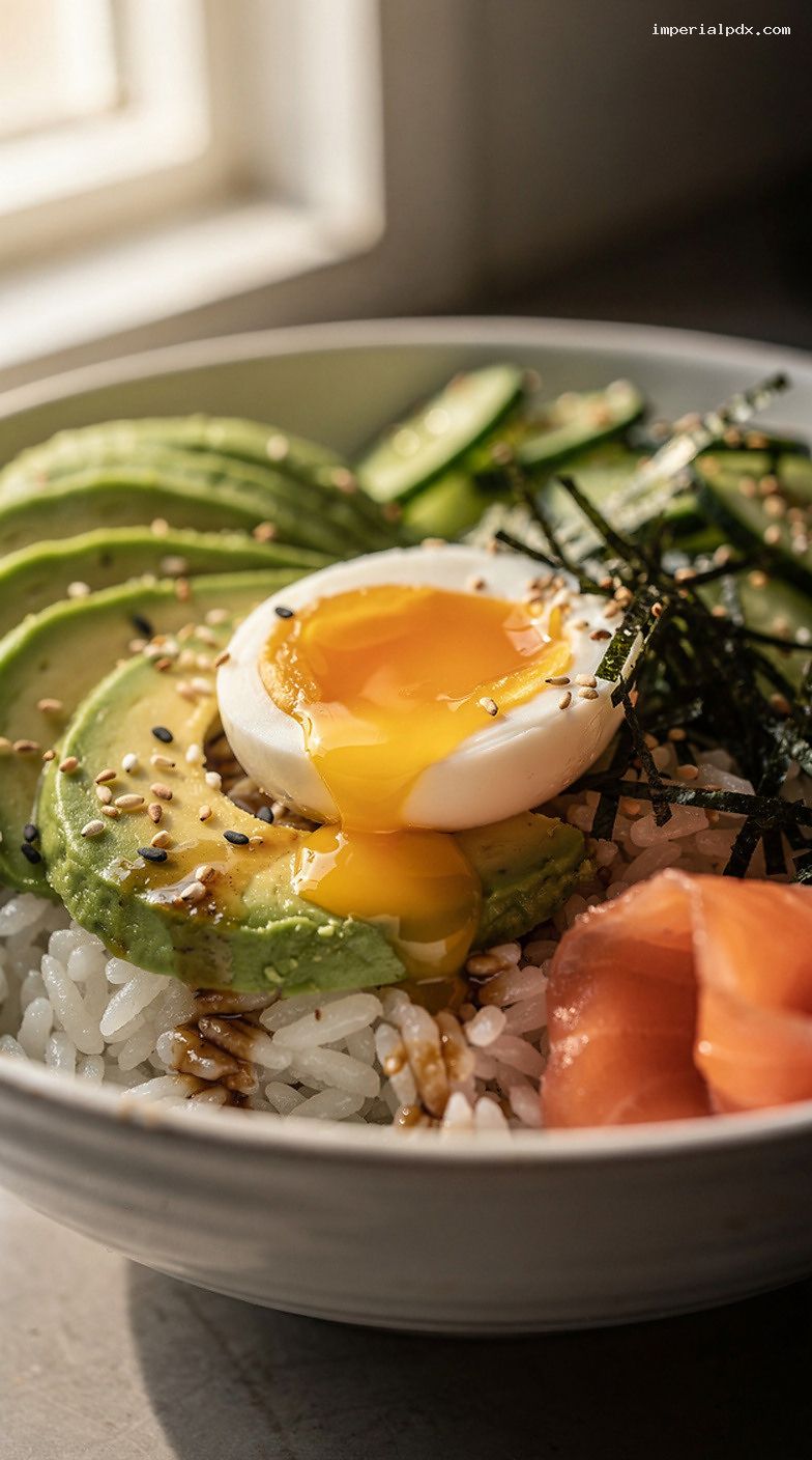 Breakfast Poke Bowl With Sushi Rice, Avocado, Cucumber, and Soft Egg – Closeup