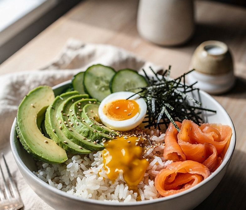 Breakfast Poke Bowl With Sushi Rice, Avocado, Cucumber, and Soft Egg