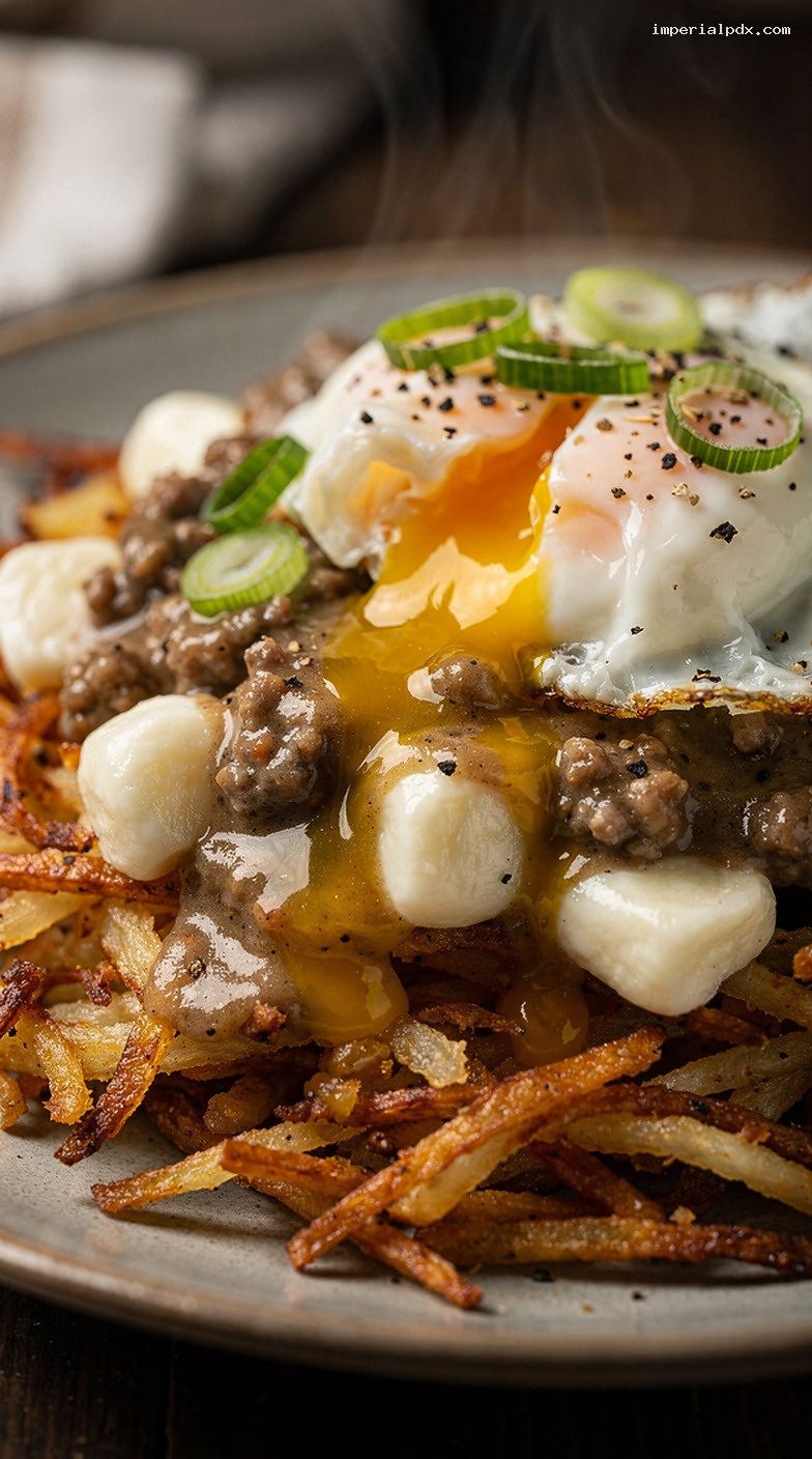 Breakfast Poutine With Hash Browns, Cheese Curds, and Sausage Gravy – Closeup