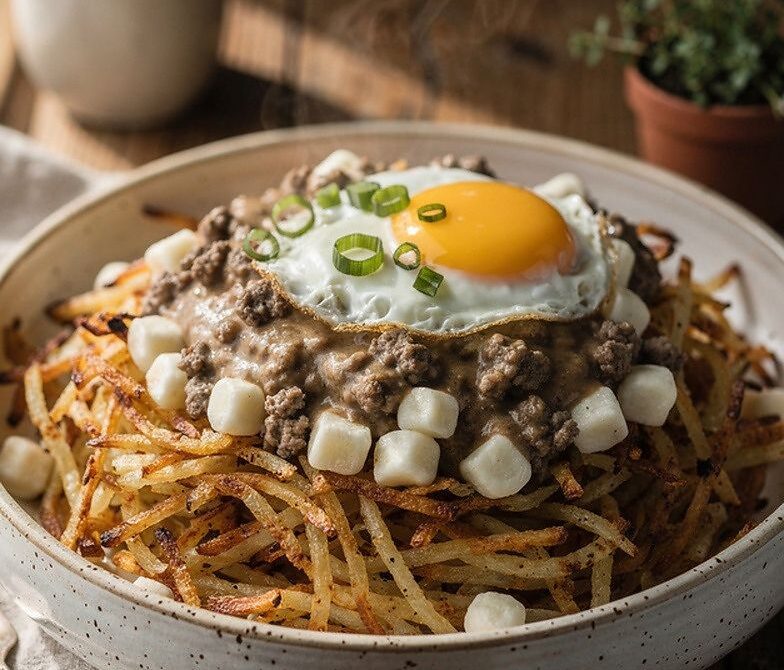 Breakfast Poutine With Hash Browns, Cheese Curds, and Sausage Gravy