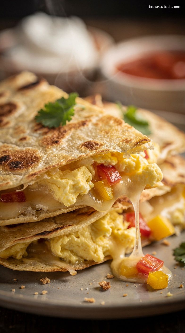 Breakfast Quesadilla With Scrambled Eggs, Cheese, and Veggies – Closeup