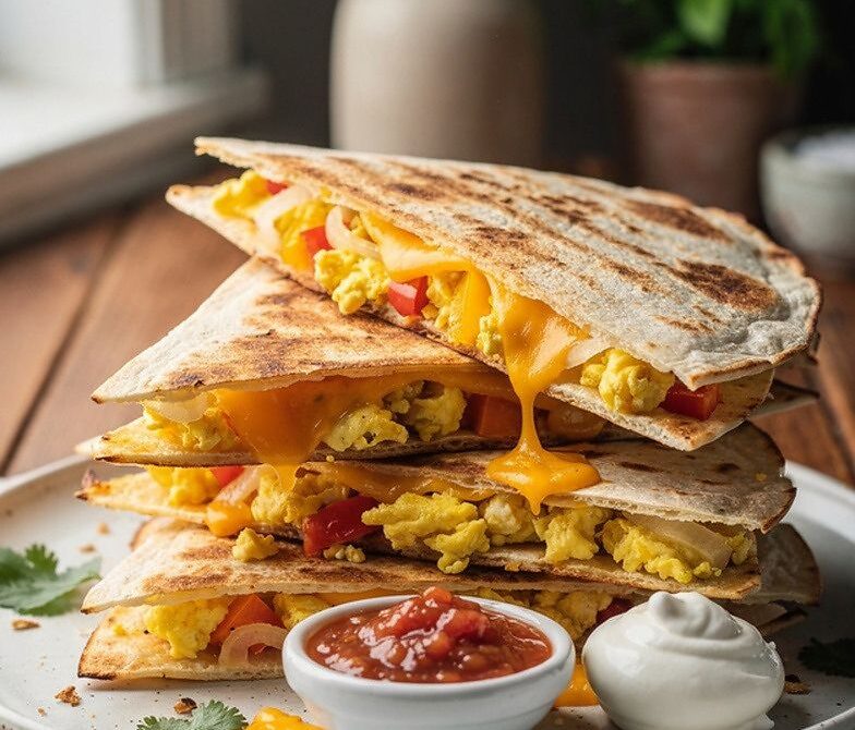 Breakfast Quesadilla With Scrambled Eggs, Cheese, and Veggies