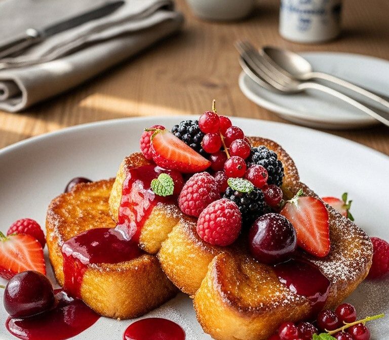 Brioche French Toast with Fresh Red Berries and Coulis