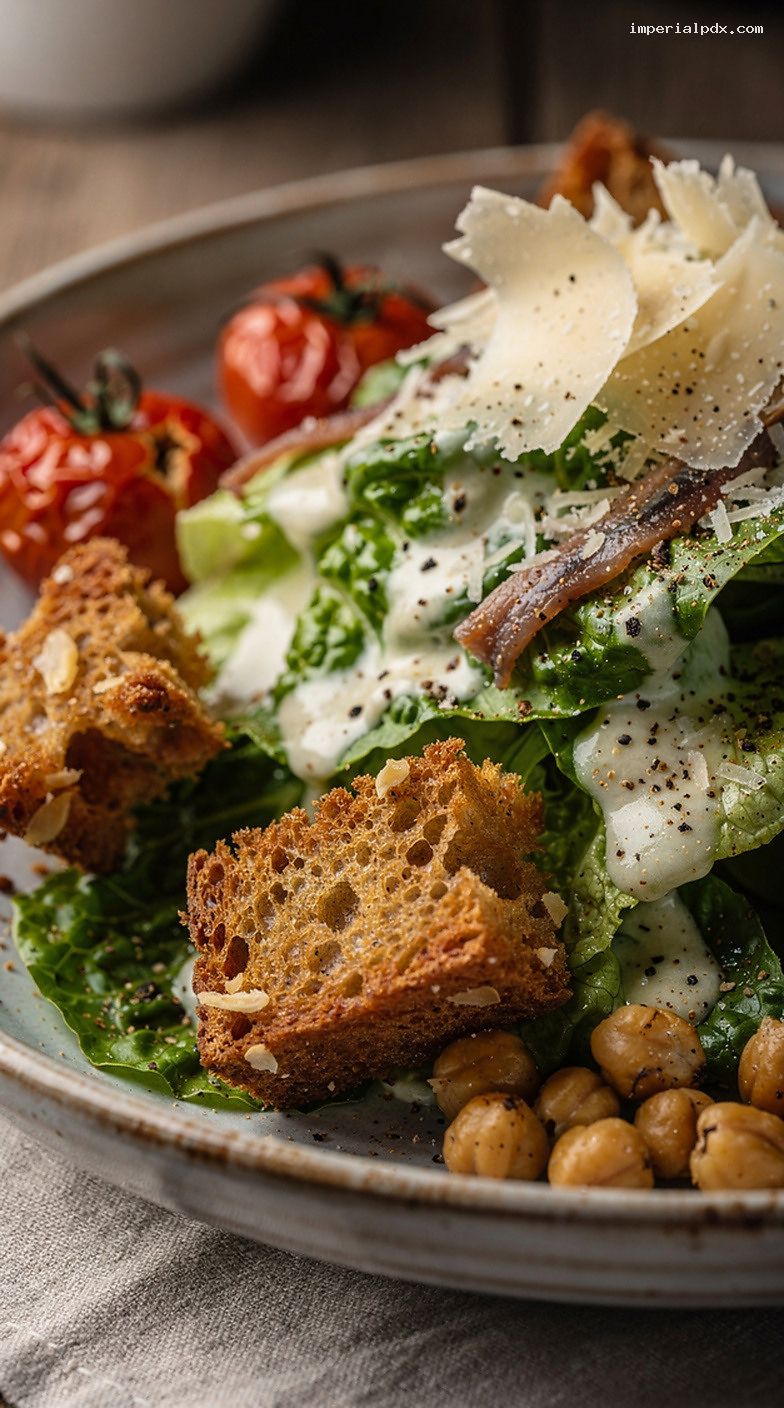 Build-Your-Own Classic Caesar Salad With Tasty Toppings – Closeup