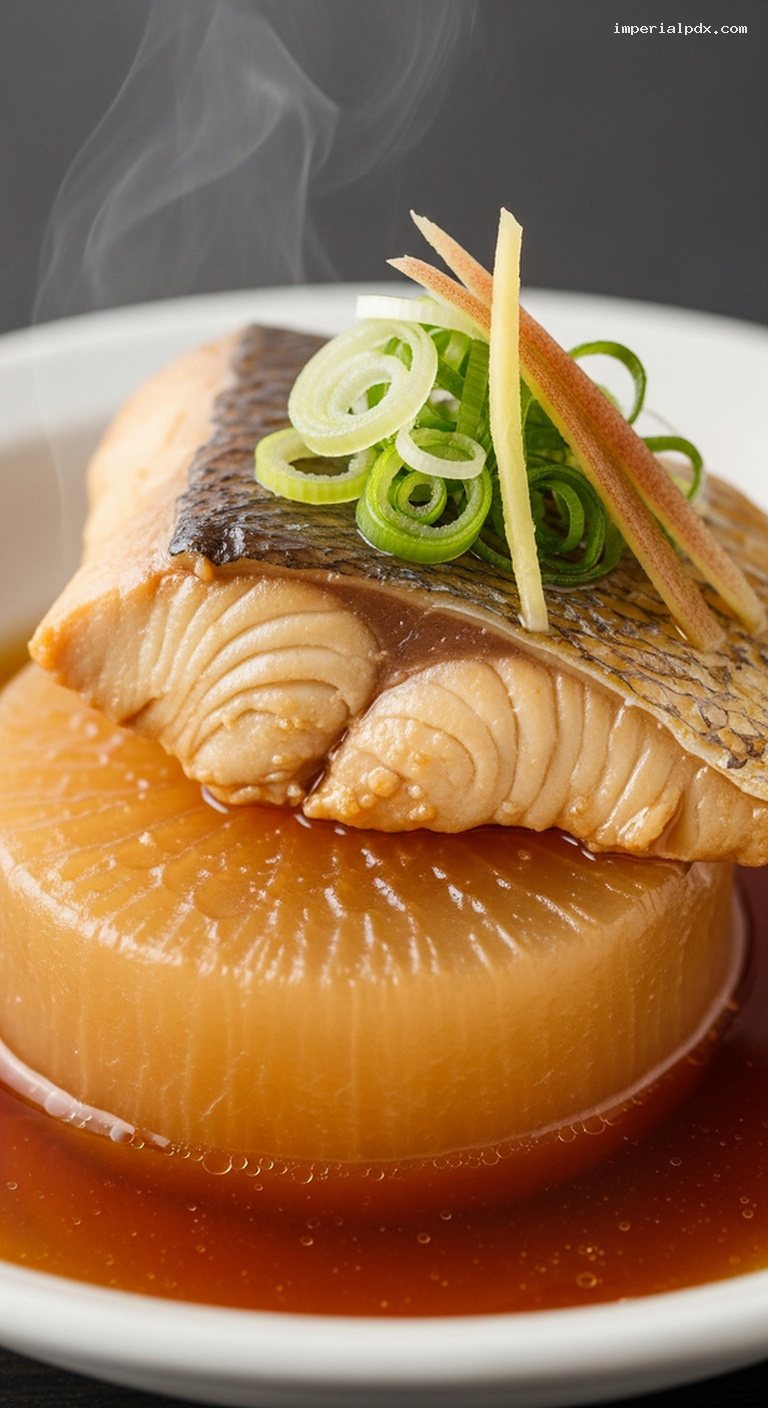 Buri Daikon Japanese Simmered Yellowtail and Radish – Closeup