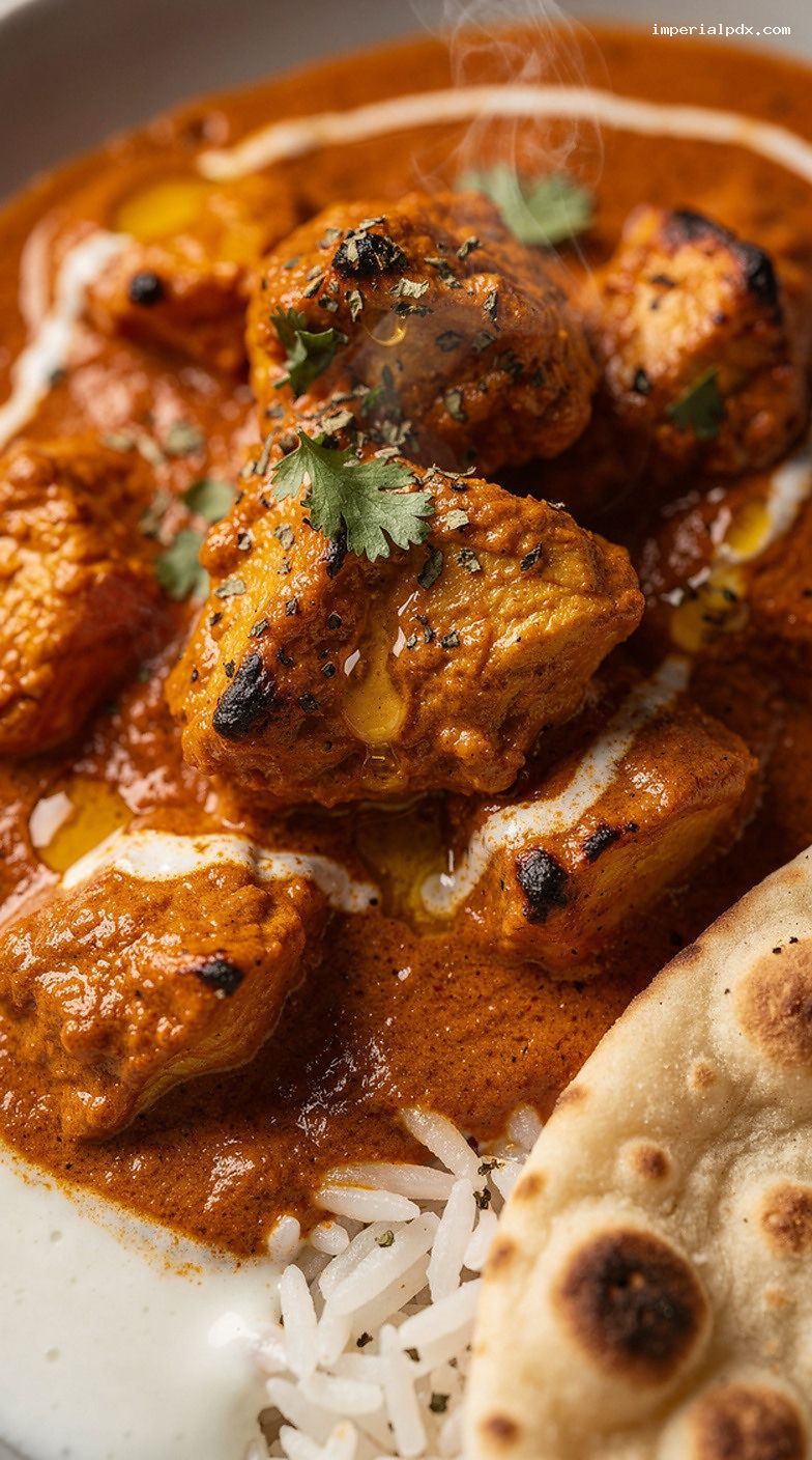 Butter Chicken Buffet Pan With Basmati Rice, Naan, And Raita – Closeup