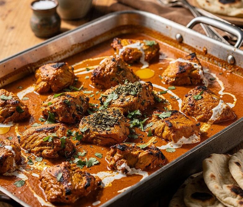 Butter Chicken Buffet Pan With Basmati Rice, Naan, And Raita