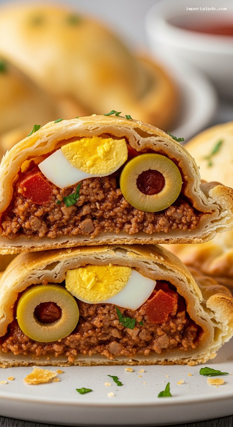 Buttery Beef Empanadas with Olives and Egg – Closeup