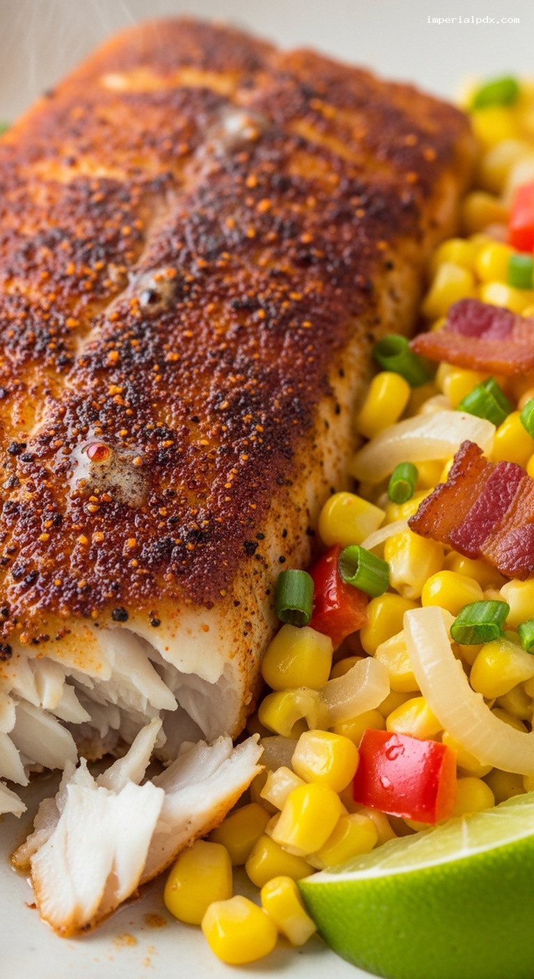 Cajun Blackened Redfish With Corn Maque Choux – Closeup
