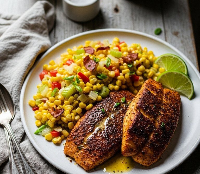 Cajun Blackened Redfish With Corn Maque Choux