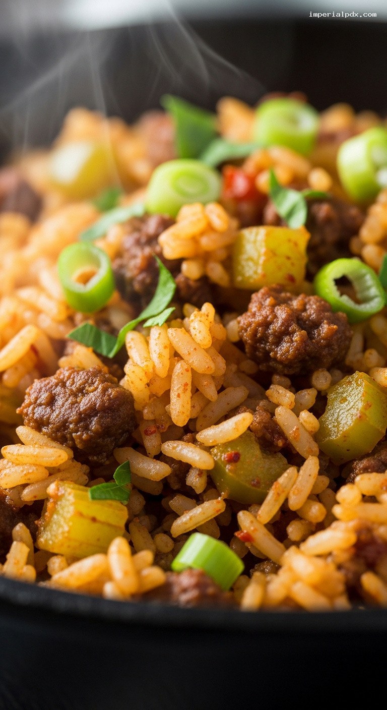 Cajun Dirty Rice with Ground Beef and Peppers – Closeup