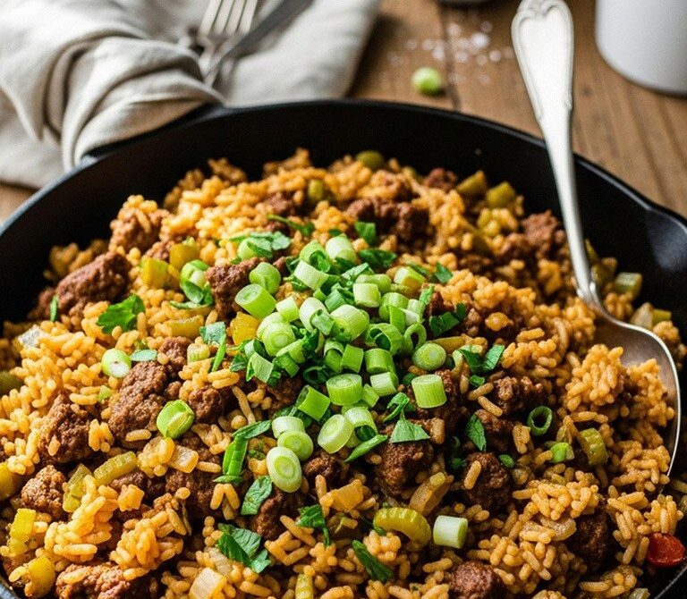 Cajun Dirty Rice with Ground Beef and Peppers