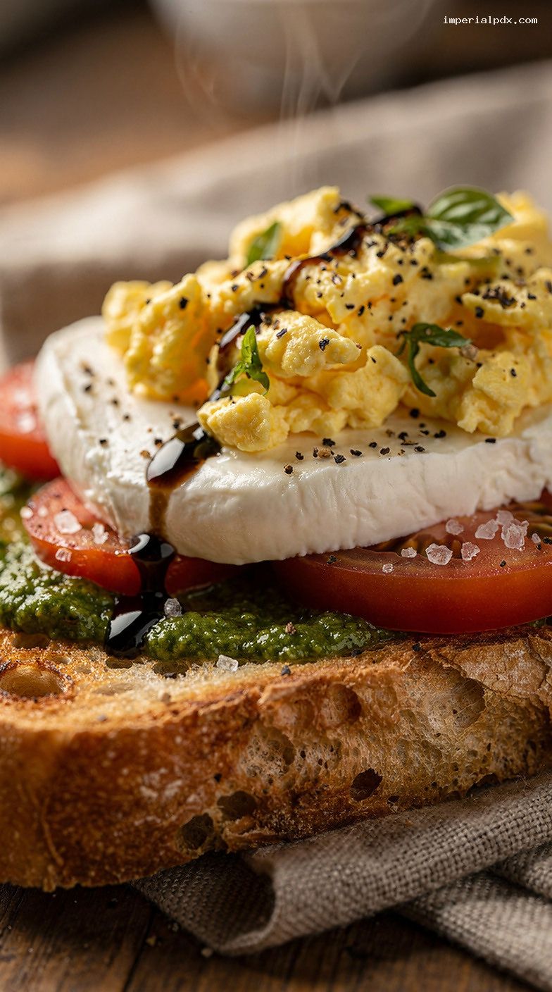 Caprese Breakfast Toast With Pesto, Mozzarella, and Soft Eggs – Closeup