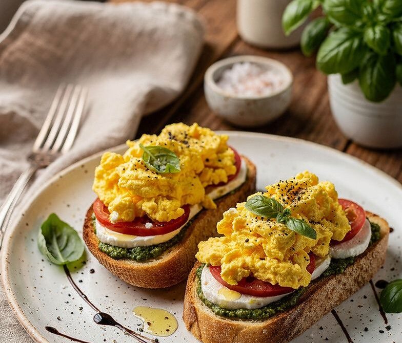 Caprese Breakfast Toast With Pesto, Mozzarella, and Soft Eggs