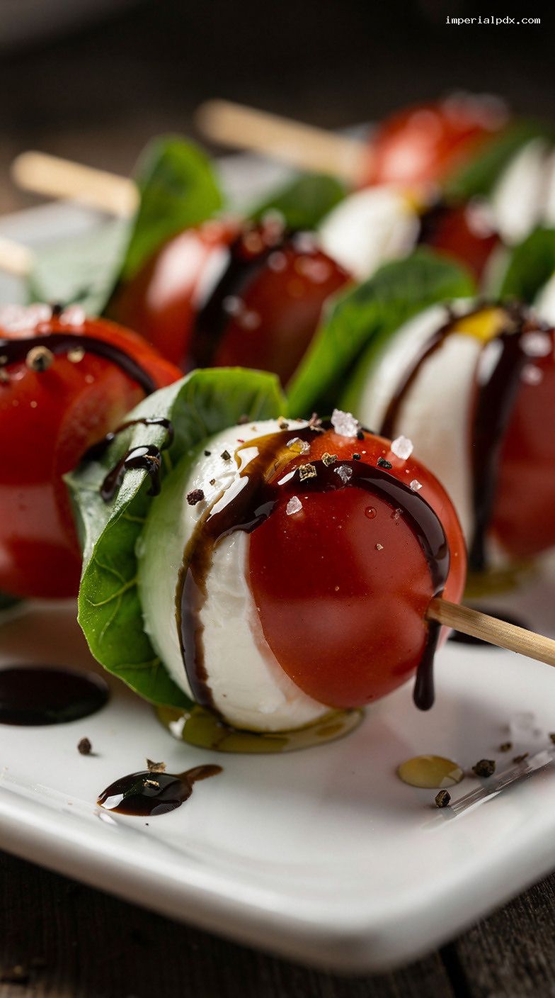 Caprese Skewer Platter With Balsamic Glaze and Basil – Closeup